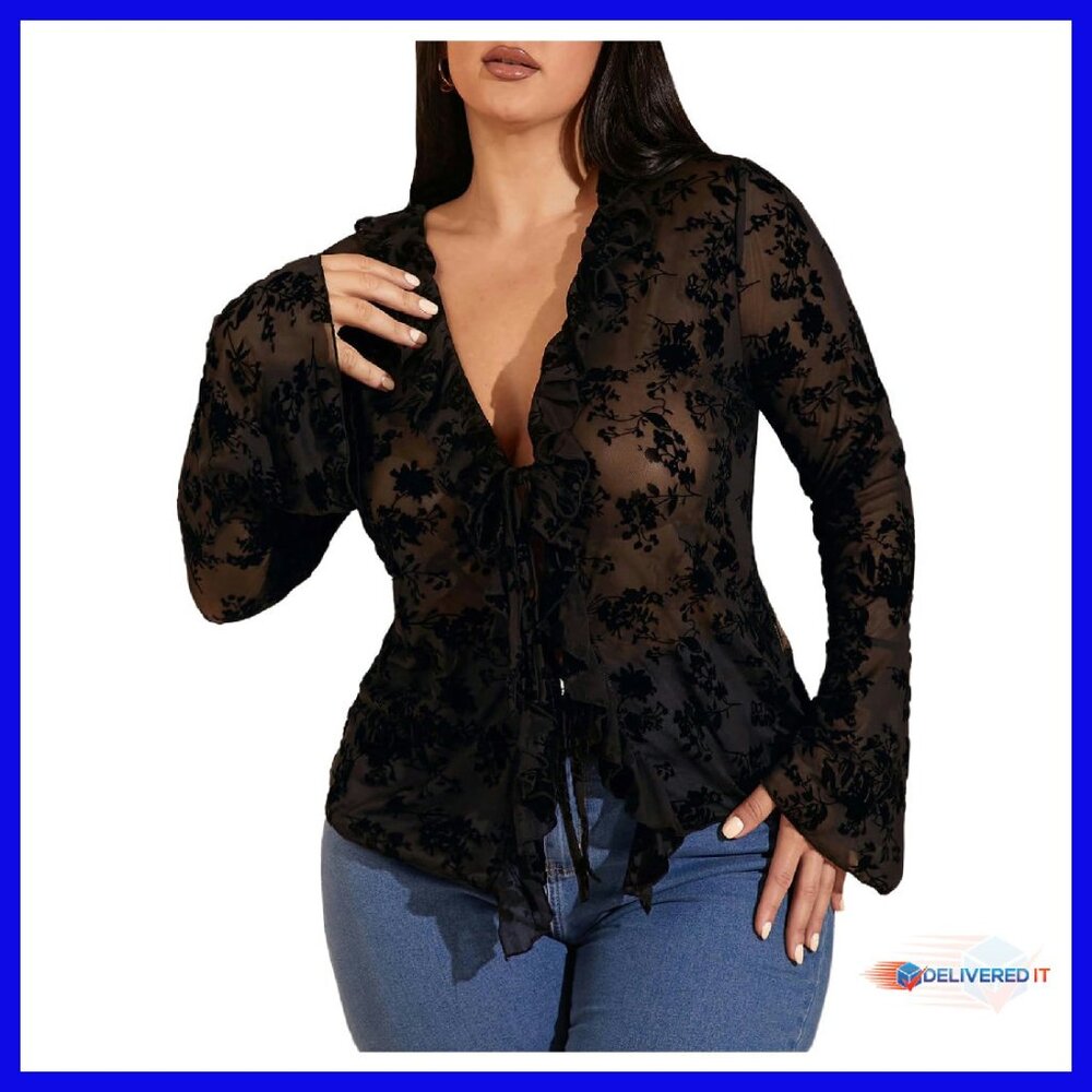 Plus Size Floral Lace Sheer Tie Front Bell Sleeve Tee
